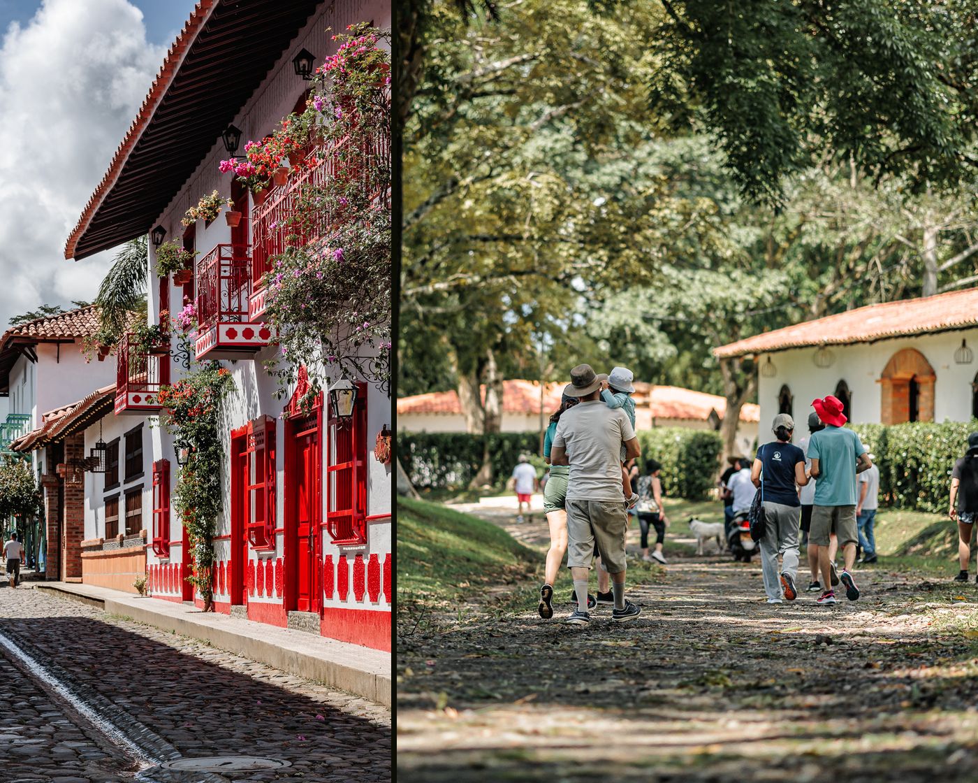 Una calle empedrada con una casa de balcones rojos y flores, y un grupo caminando por el pueblo entre árboles